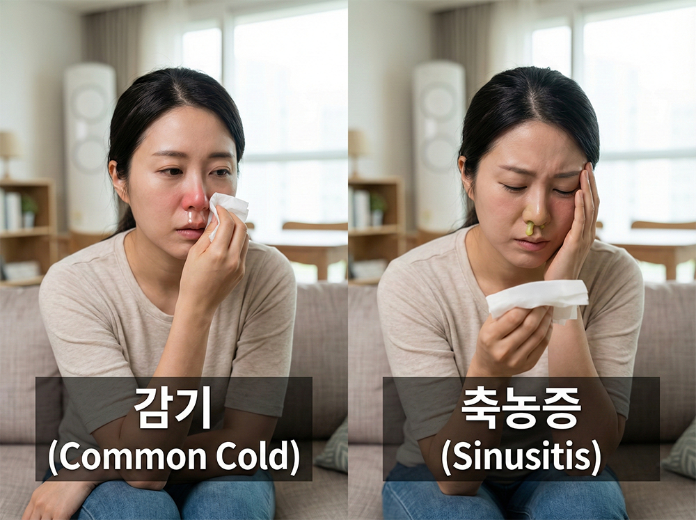코감기 vs 축농증, 콧물색깔 차이, 노란색콧물, 얼굴통증, 비염증상 구분