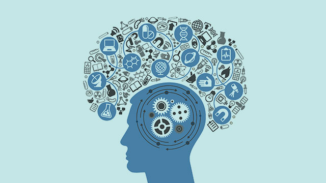 사람 옆모습이 그려진 그림 위에 여러가지 사물들이 원을 그리며 놓여있다.