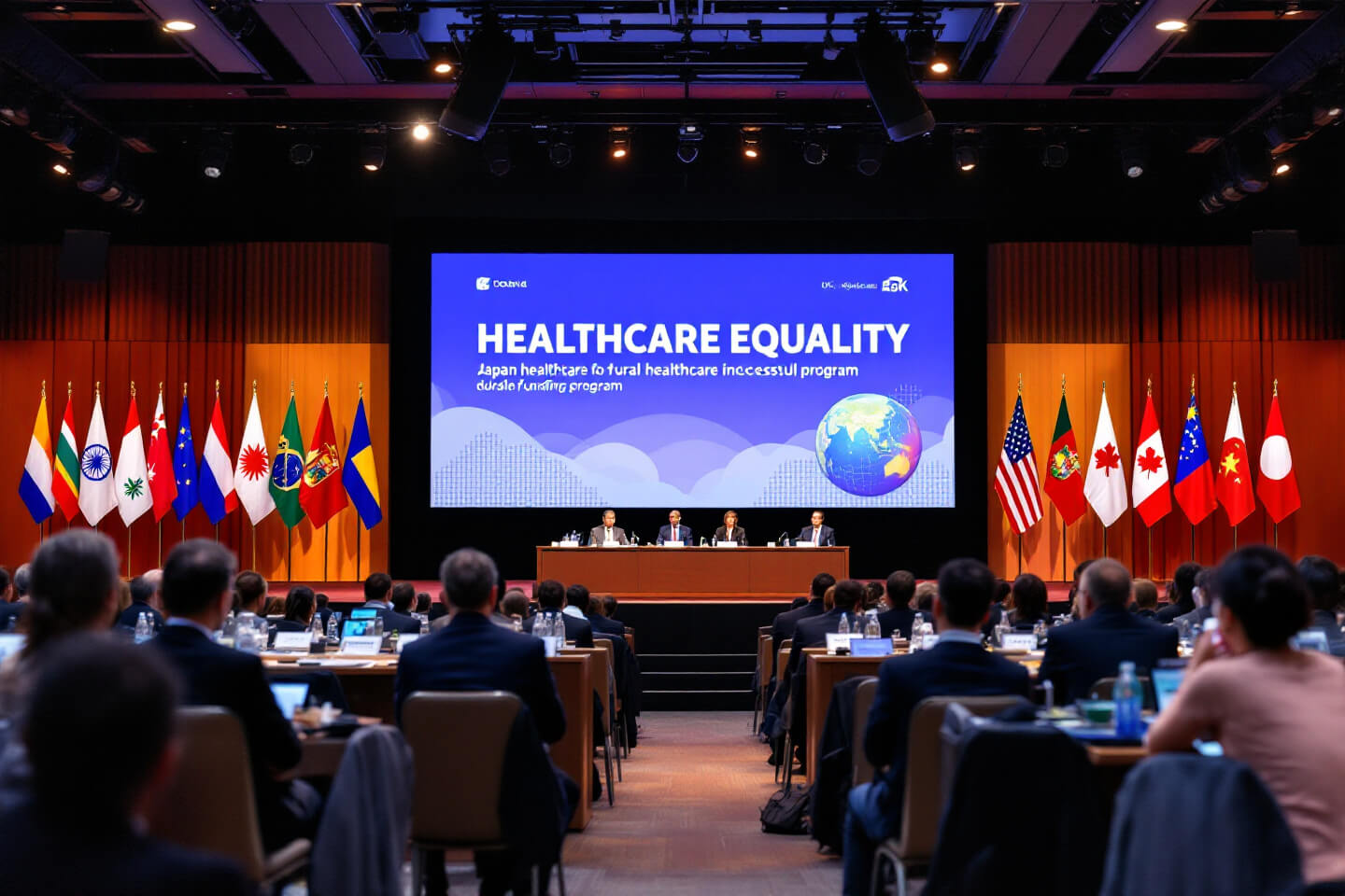 글로벌 헬스케어 컨퍼런스의 모습. 다양한 국가의 대표자들이 의료 격차 해결 방안을 발표하며, 배경에는 여러 나라 국기가 걸려 있