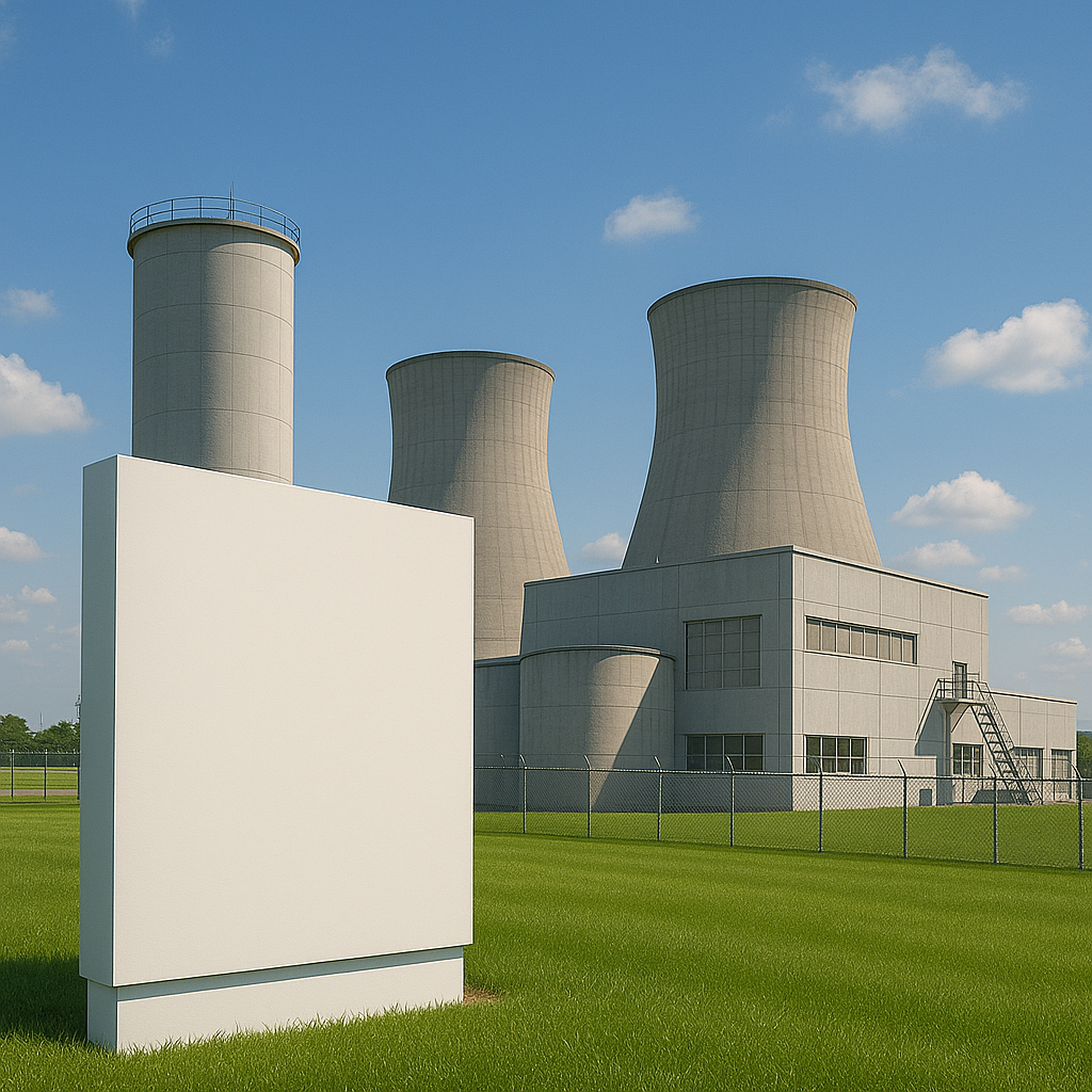 Modern nuclear power facility with cooling towers and industrial buildings on a sunny day, surrounded by green grass and blue sky