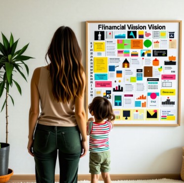벽에걸린 재테크 비전보드를 아이와 함께 바라보고 있는 엄마의 뒷모습