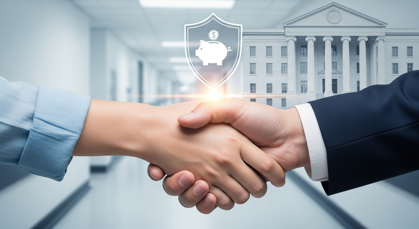 환자와 정부를 상징하는 두 손이 악수하고 있으며, 그 사이에 의료비 절감을 나타내는 아이콘이 있는 그래픽.