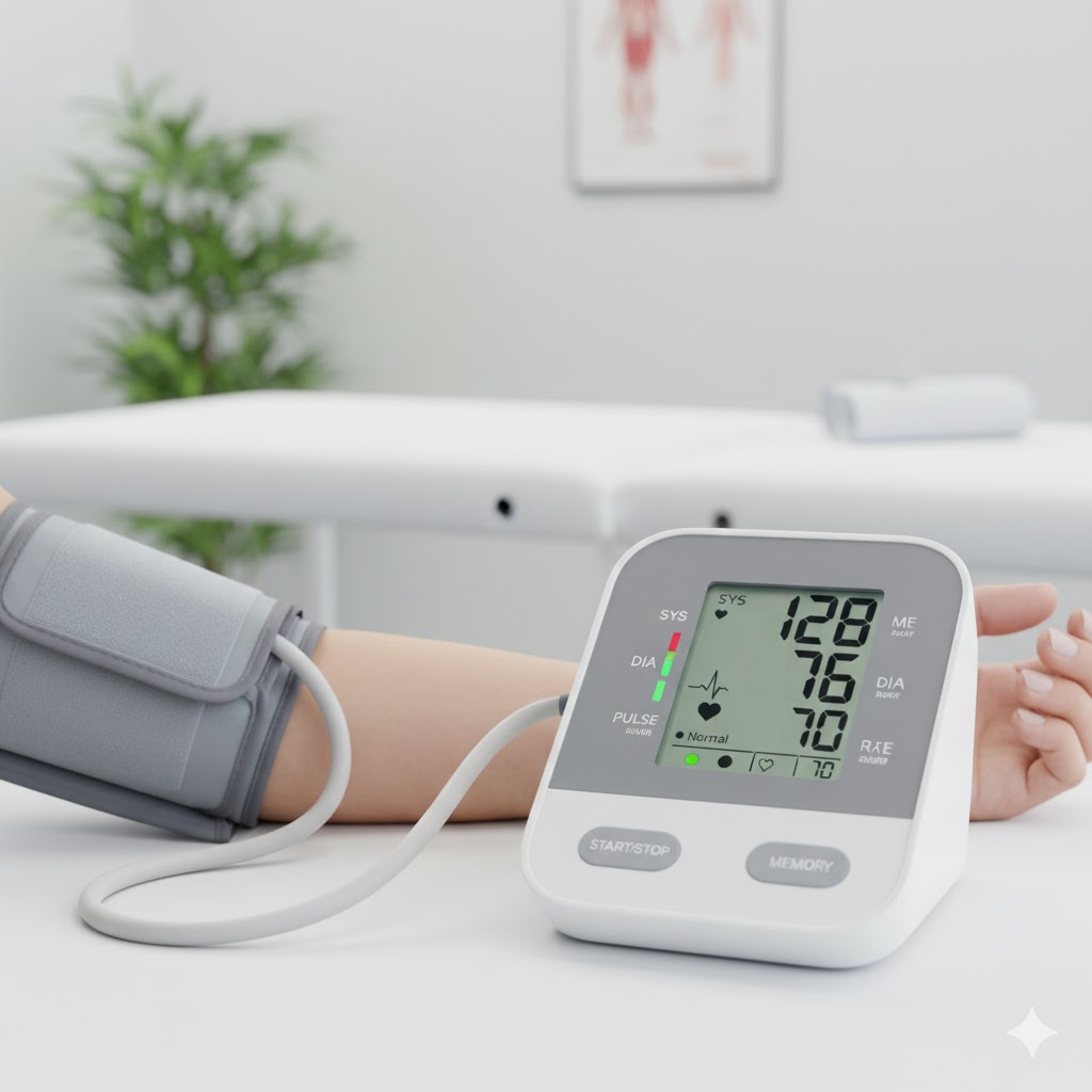 혈압계로 혈압 측정하는 모습