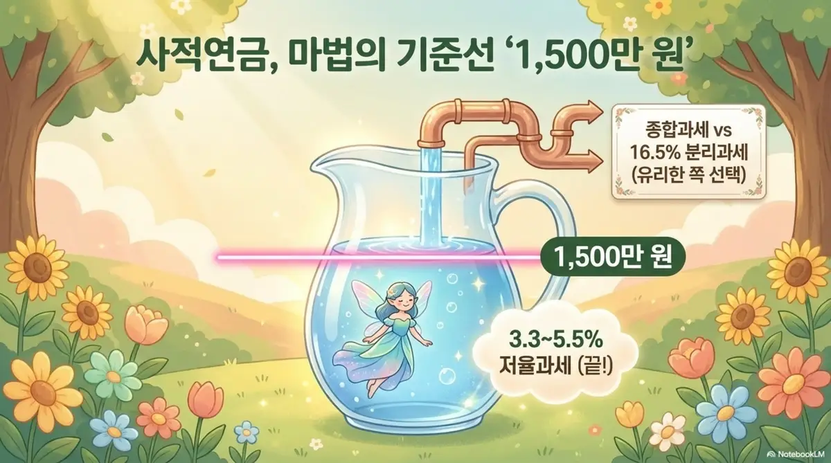 연금소득 종합소득세: 사적연금의 연 1500만 원 분리과세 기준선을 물이 차오르는 유리병으로 시각화한 이미지. 1500만 원 이하는 3.3에서 5.5퍼센트 저율과세로 종결되고 초과하면 종합과세 또는 16.5퍼센트 분리과세 중 선택할 수 있다는 연금소득세 과세 구조를 설명함