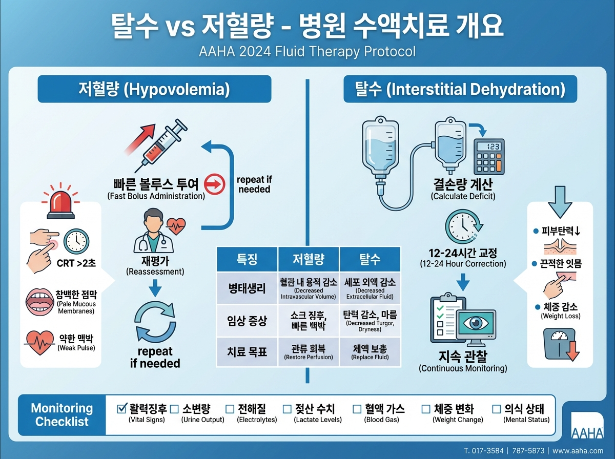 AAHA 수액치료 개요(저혈량 볼루스 후 재평가, 탈수 결손 12~24시간 교정)