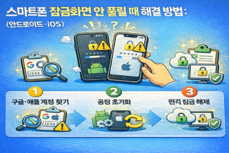스마트폰 잠금화면이 풀리지 않을 때 안드로이드와 iOS에서 계정 복구, 초기화, 원격 잠금 해제 방법을 정리한 안내 이미지