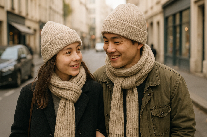비니와 머플러로 매칭한 커플의 겨울 패션 이미지