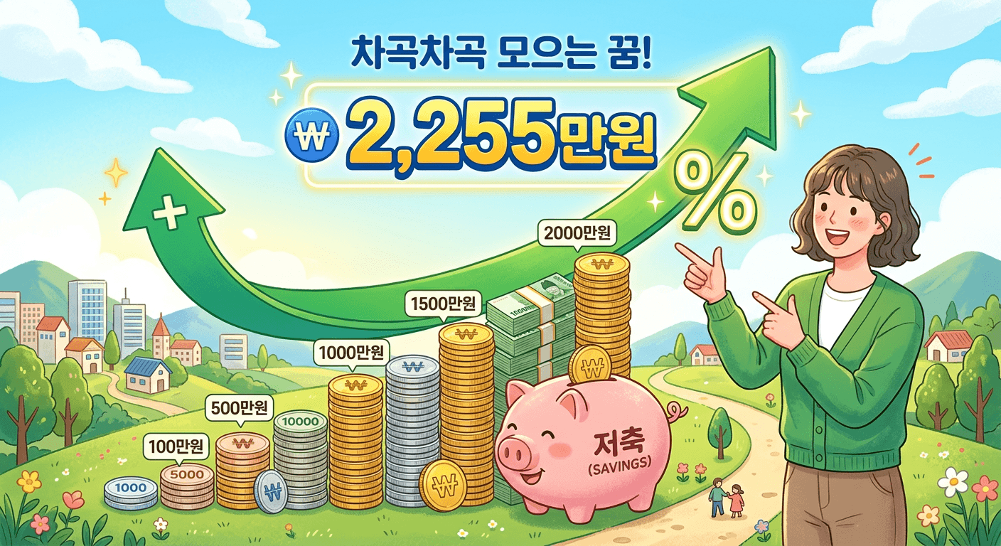 저금통과 동전이 쌓여 2,255만원이 되는 청년미래적금 만기 수령액 예시 이미지