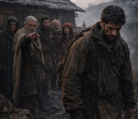 공동체의 결정에 따라 한 사람이 마을을 떠나는 장면입니다.