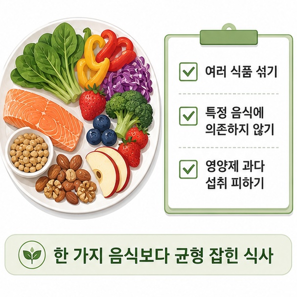 채소, 과일, 생선, 콩, 견과류를 골고루 담은 식탁을 통해 한 가지 음식보다 다양한 식품을 함께 먹는 식사 구성을 보여 주는 그림