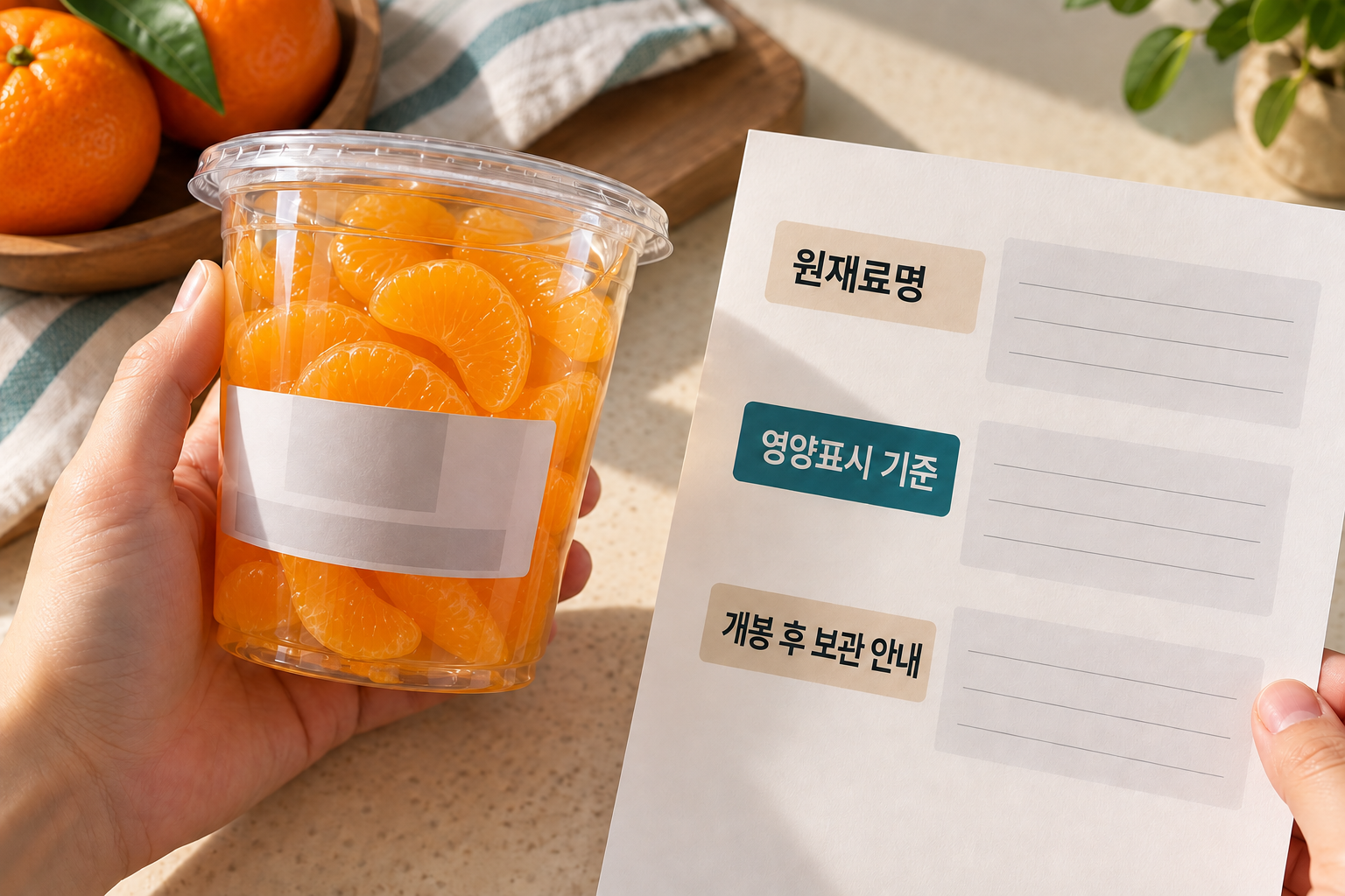 귤 과육이 든 과일컵 옆에서 원재료명과 표시 기준을 확인하는 장면