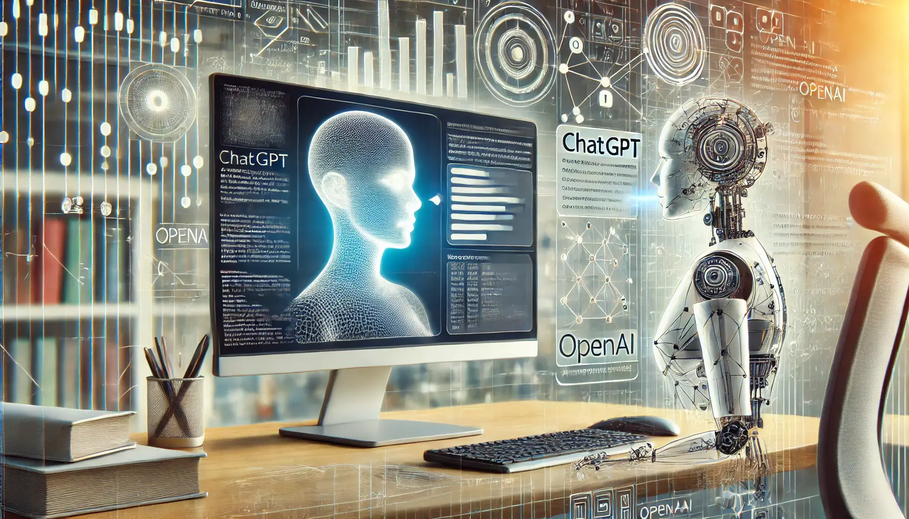 이 이미지는 AI 언어 모델이 인간과 대화하는 장면을 컴퓨터 화면에 보여주며, 배경에는 언어 데이터와 신경망을 나타내는 요소들이 포함되어 있습니다. 현대적이고 기술 지향적인 환경에서 깨끗하고 전문적인 미학을 강조하고 있습니다.