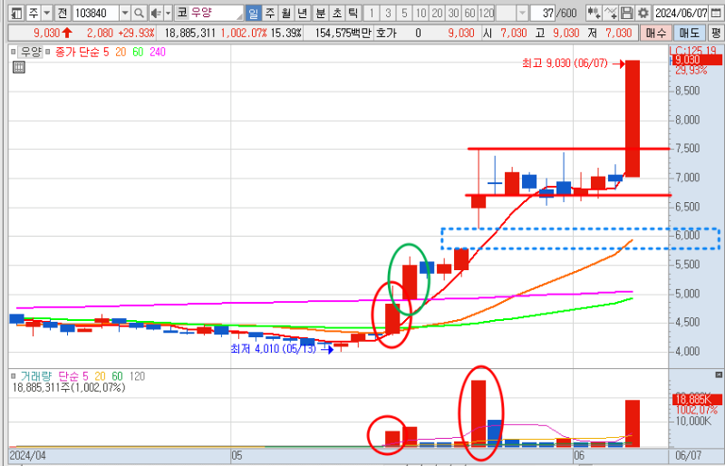 우양 주가 일봉 차트 분석