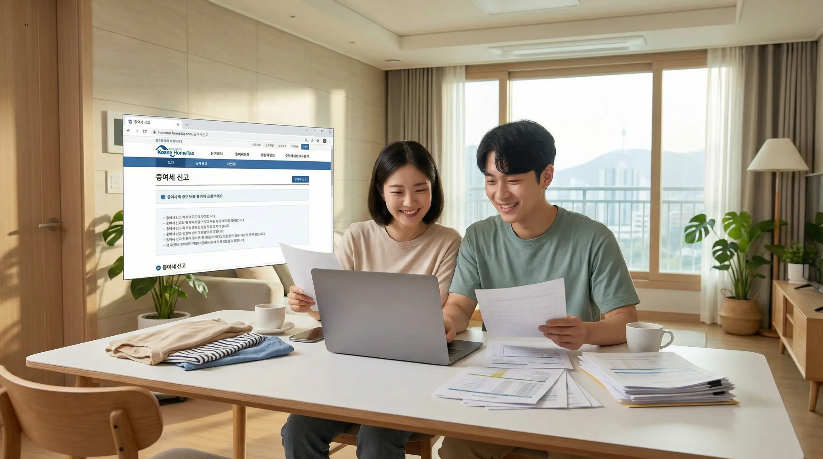한국인 젊은 부부가 노트북으로 홈택스 증여세 신고 화면을 보며 함께 서류를 정리하는 밝은 분위기의 모습