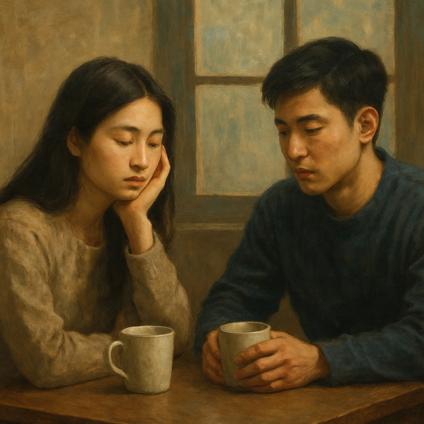 전통 유화로 그려진 이미지로, 따뜻한 조명 아래 나무 테이블에 마주 앉은 젊은 한국 남녀가 각자의 머그컵을 앞에 두고 조용히 앉아 있다. 여성은 손으로 턱을 괸 채 사색에 잠겨 있고, 남성은 고개를 숙인 채 생각에 잠긴 듯한 모습이다. 창문 너머로 은은한 바깥 풍경이 보이며, 장면 전체는 부드럽고 따뜻한 색감으로 표현되어 감정적 거리감과 소통의 아쉬움을 담아낸다.