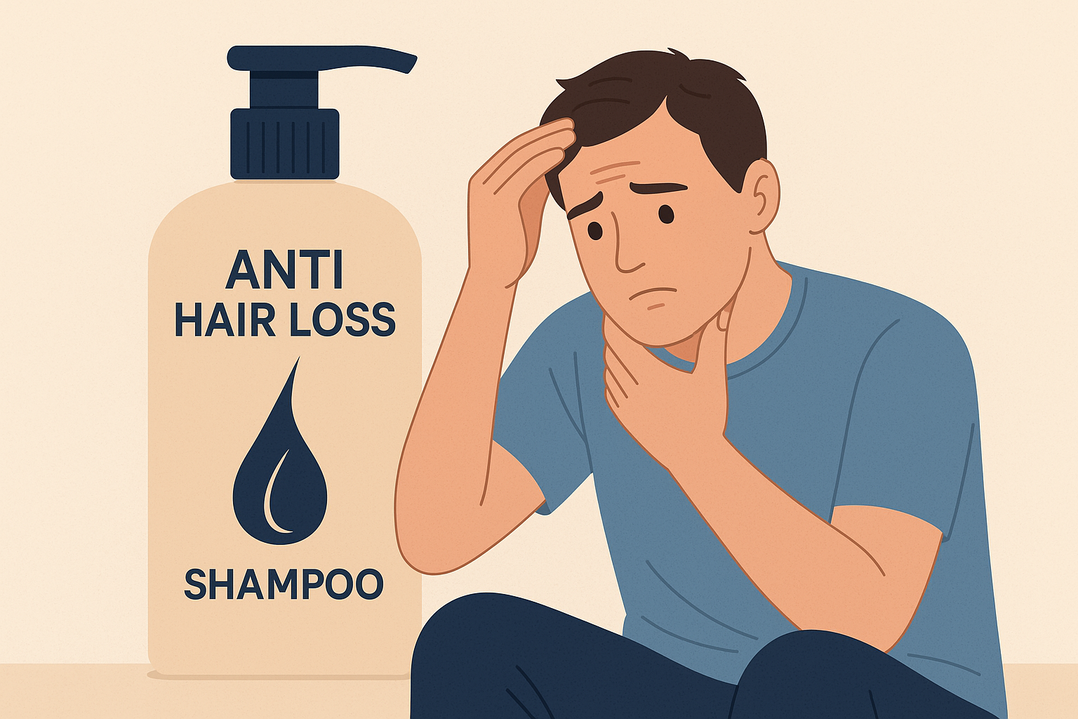 탈모 샴푸 제품과 함께 고민하는 남성 일러스트