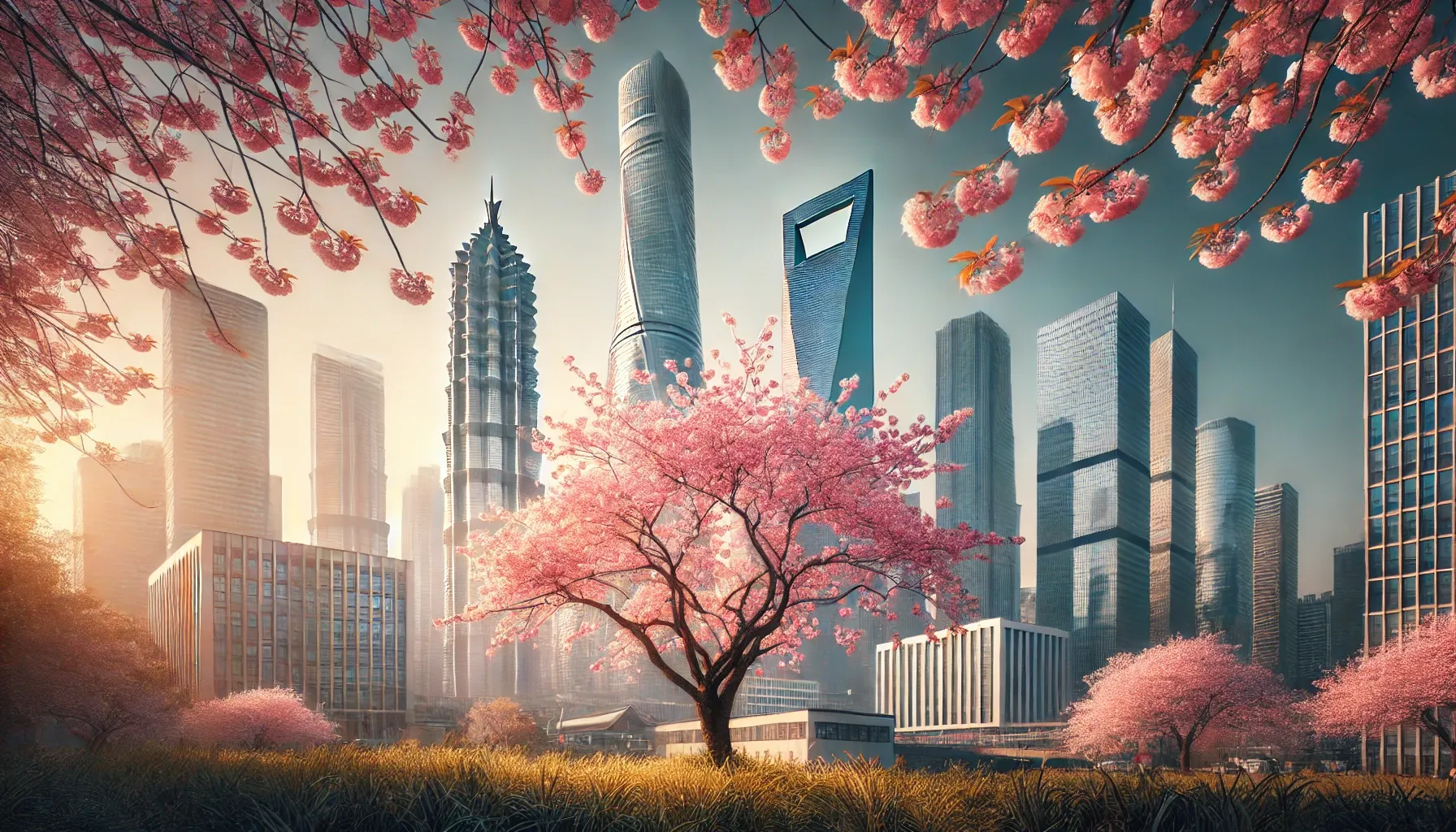 벚꽃과 도시 풍경이 조화를 이루는 장면입니다.