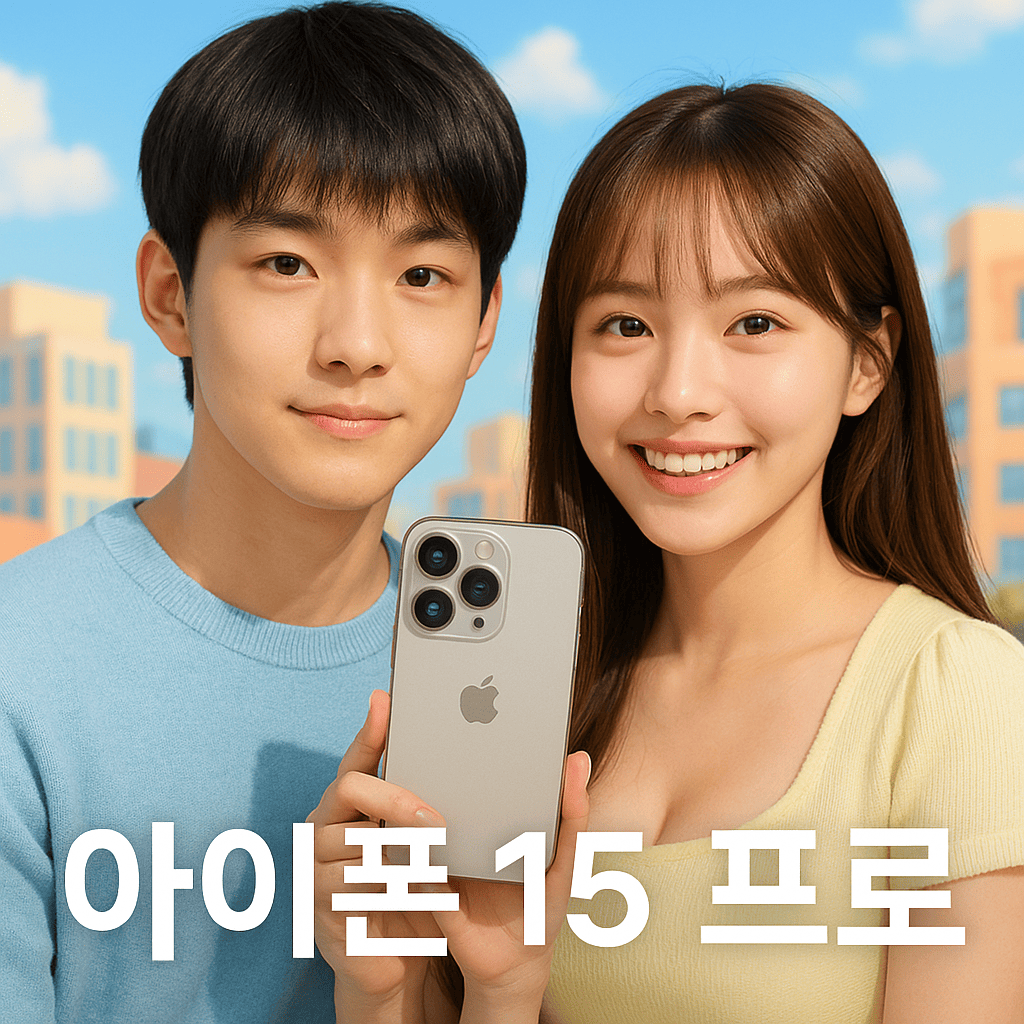 젊은-한국인-커플이-아이폰-15-프로를-들고-웃고-있다-배경은-추상화된-밝은-파스텔톤-건물이며-전체적으로-밝고-화사한-분위기다-여성은-노란색-상의에-긴-머리를-내렸고-남성은-하늘색-니트를-입고-순둥한-눈빛을-가지고-있다-텍스트는-나눔고딕으로-하얀색-아이폰-15-프로-라고-적혀-있다