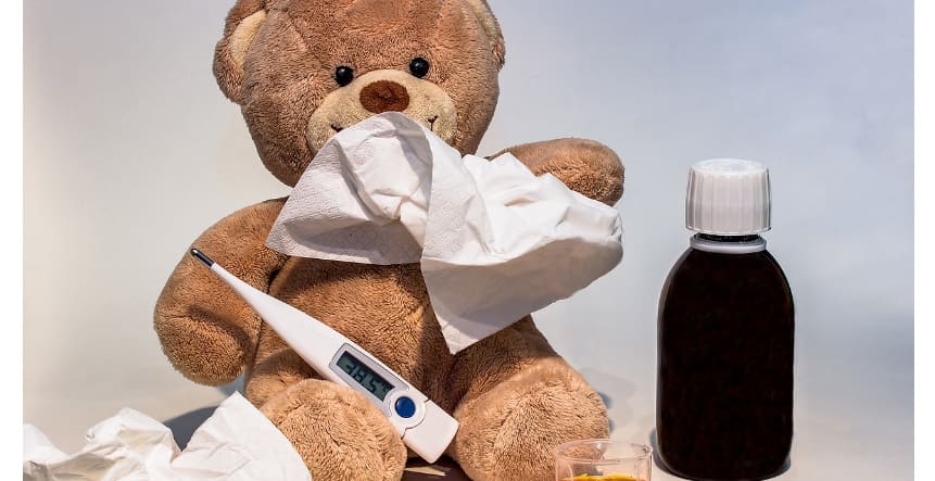 체온계, 휴지, 시럽을 들고 있는 곰 인형