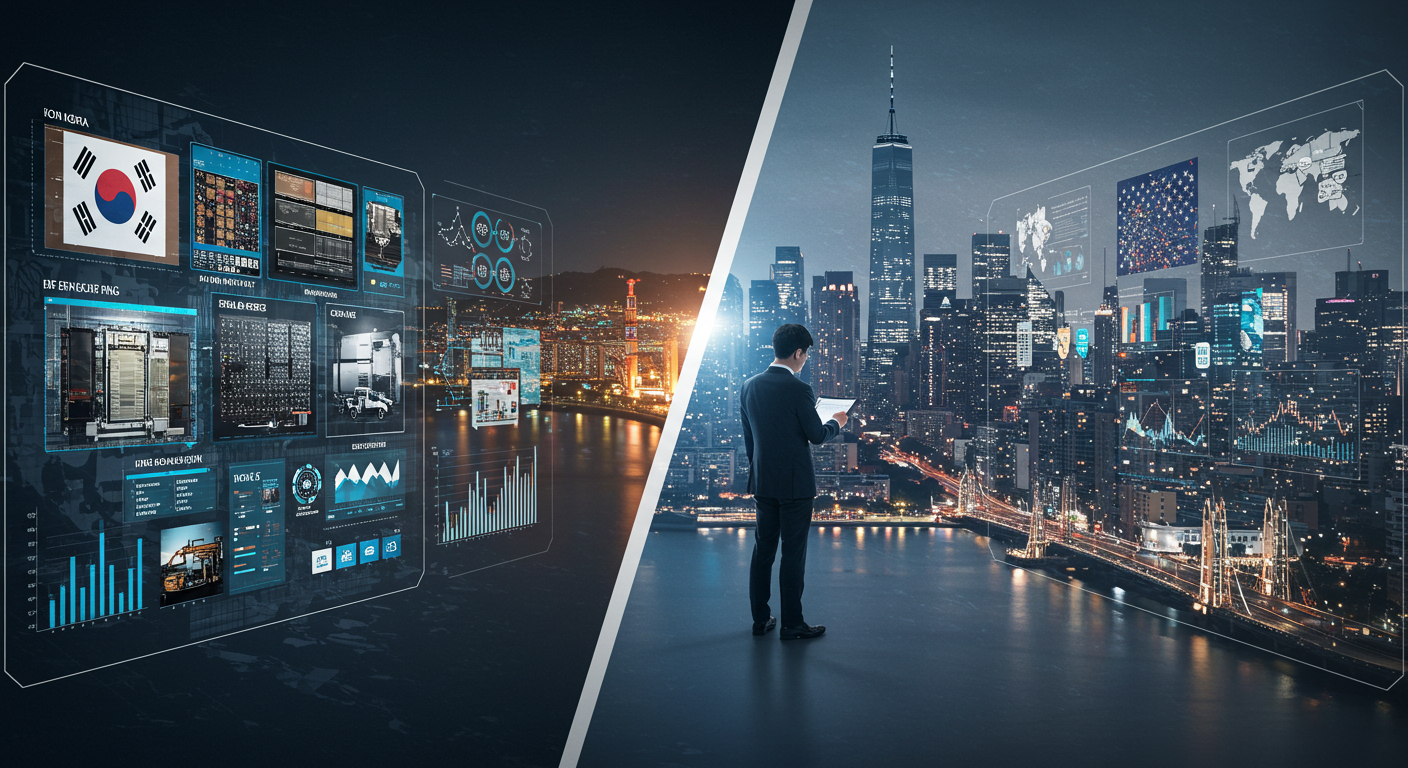 한국과 미국의 주요 산업인 기술주, 금융, 제조업의 2025년 전망을 비교하는 디지털 그래픽과 서울·뉴욕 도심 배경 이미지