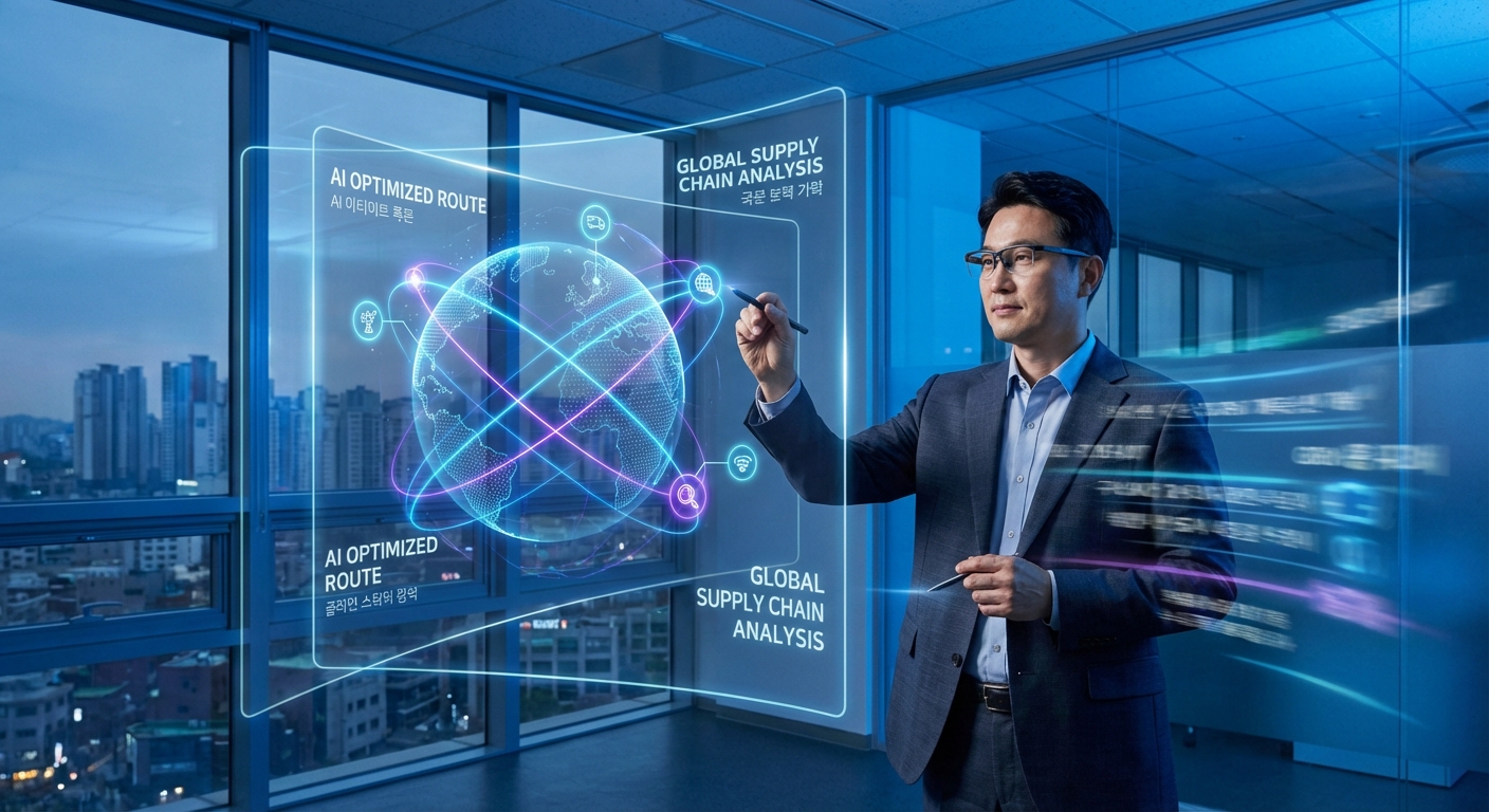 AI 기반 공급망 분석 시스템을 활용하여 글로벌 리스크를 관리하는 비즈니스 전문가의 모습
