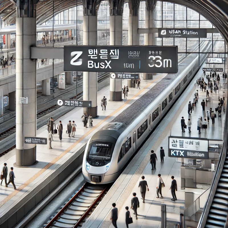 부산역 KTX 승강장에서 승객들이 질서 있게 열차에 탑승하는 장면