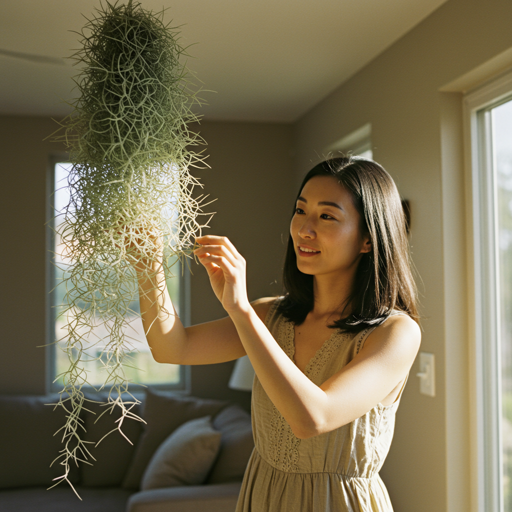 여성이 수염틸란드시아를 가꾸고 있다.