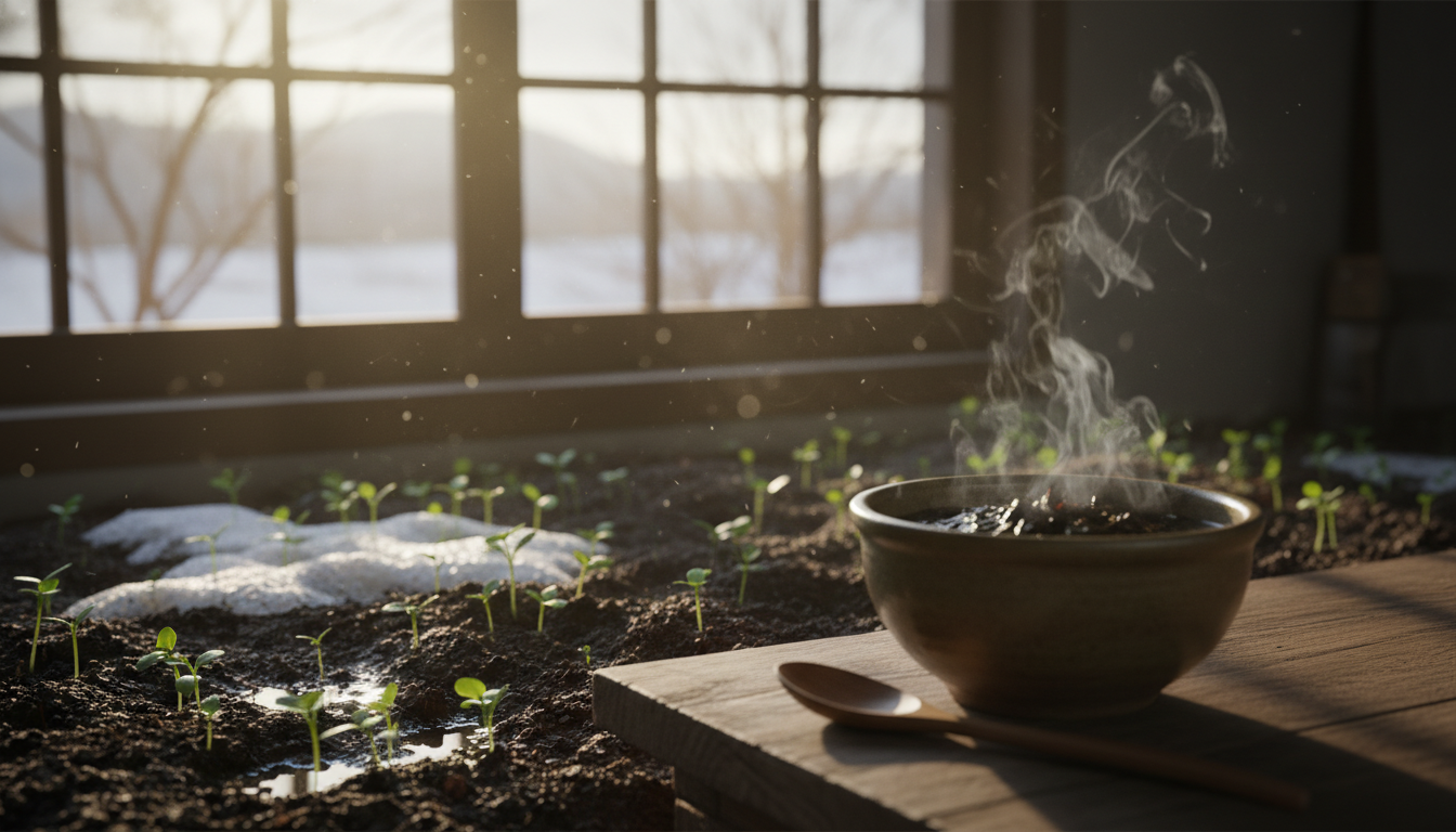 눈이 녹아 비가 된다는 우수 절기를 맞아, 따뜻한 햇살 아래 놓인 정갈한 한약 한 그릇과 새싹이 돋아나는 봄의 풍경