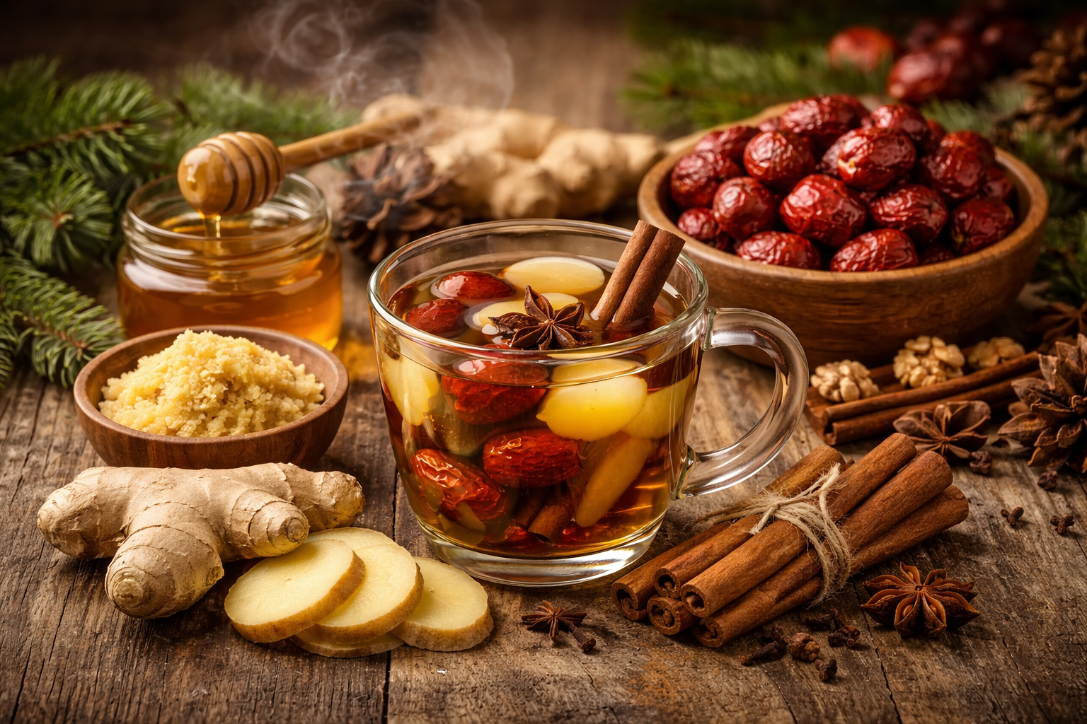 겨울철 몸을 따뜻하게 해주는 생강, 대추, 계피를 넣은 따뜻한 차와 함께 신선한 생강 조각, 말린 대추, 계피 스틱이 나무 테이블 위에 자연스럽게 놓여 있는 이미지