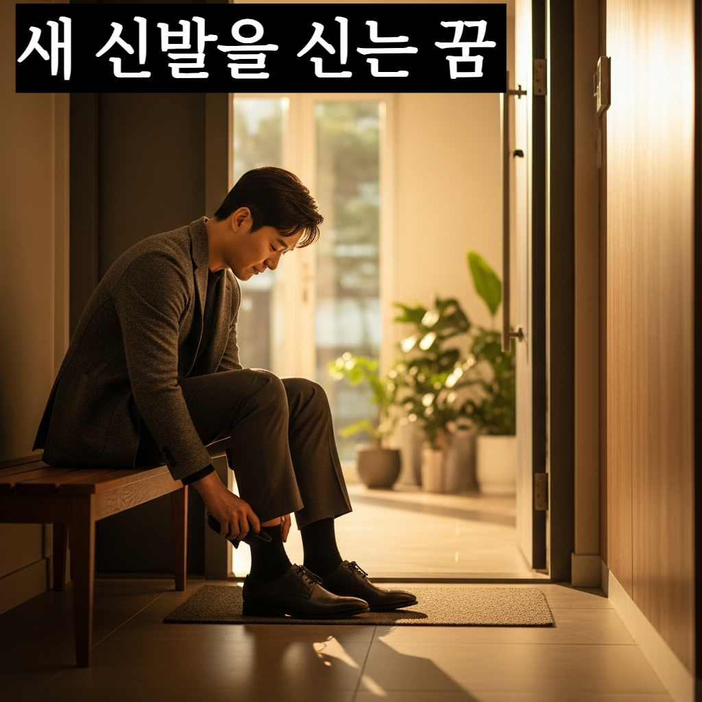 따스한 아침 햇살이 비치는 현관문 앞에 앉아 당당하고 세련된 새 신발을 정성스럽게 신으며 새로운 세상으로 나갈 준비를 마친 현대적인 한국인 리더의 모습