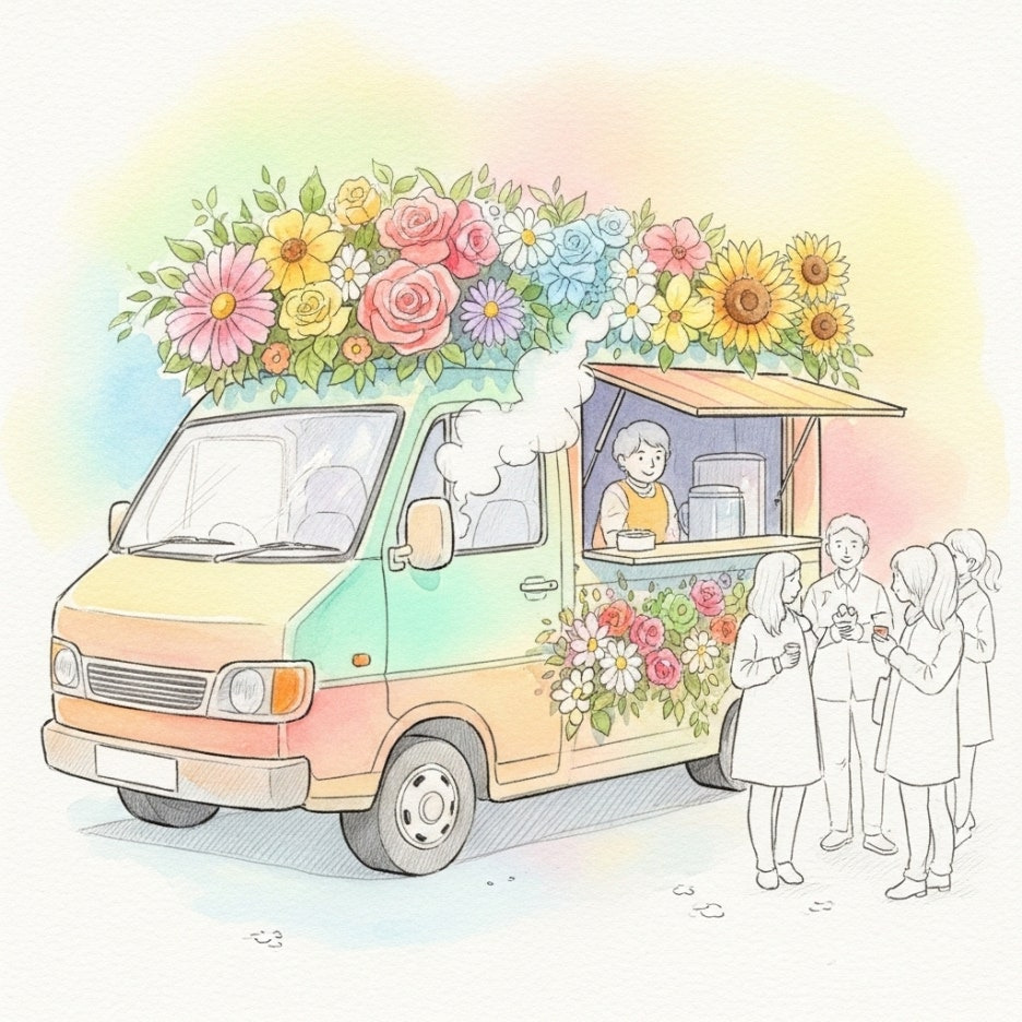 벚꽃 나무 옆에 위치한 아기자기한 푸드트럭 풍경