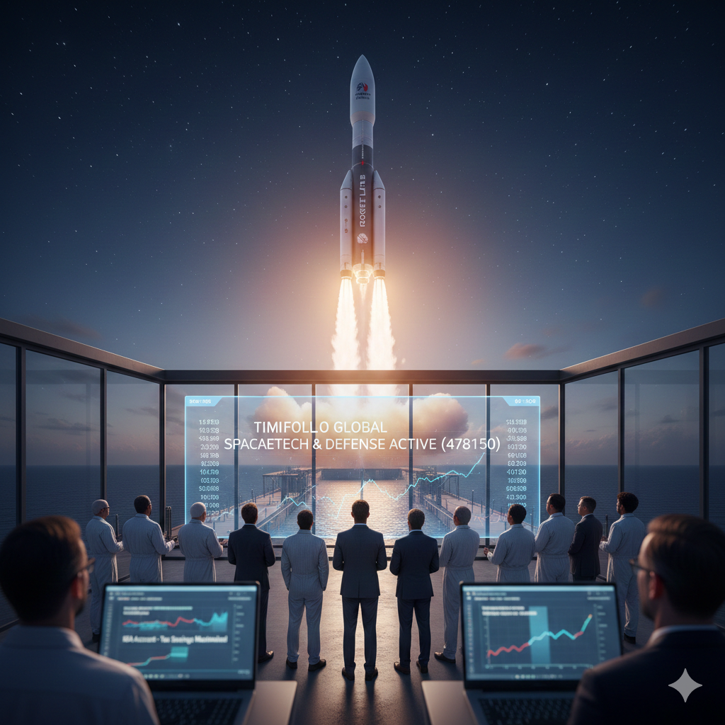 미래 지향적인 관제소에서 전문가들이 로켓 발사 장면과 우주 항공 방산 주식 차트를 분석하고 있는 모습