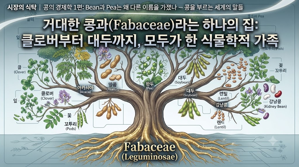 콩과 식물의 다양성을 보여주는 개념적 일러스트입니다. 거대한 나무 한 그루가 그려져 있고, 그 뿌리에는 라틴어 학명 'Fabaceae(Leguminosae)'가 새겨져 있습니다. 나무의 가지마다 클로버, 아카시아, 땅콩, 완두, 대두, 렌틸, 강낭콩의 잎과 꽃, 꼬투리가 달려 있어 이 모든 식물이 하나의 거대한 식물학적 가족임을 시각적으로 표현했습니다. (식물학 인포그래픽)