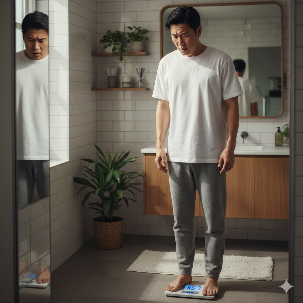 체중계를 보며 고민하는 30대 남성