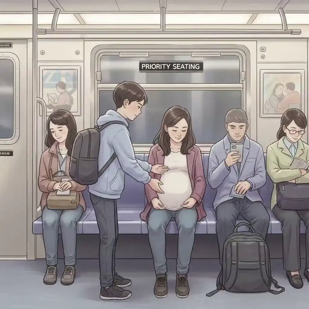 임산부에게 자리 양보하는 승객