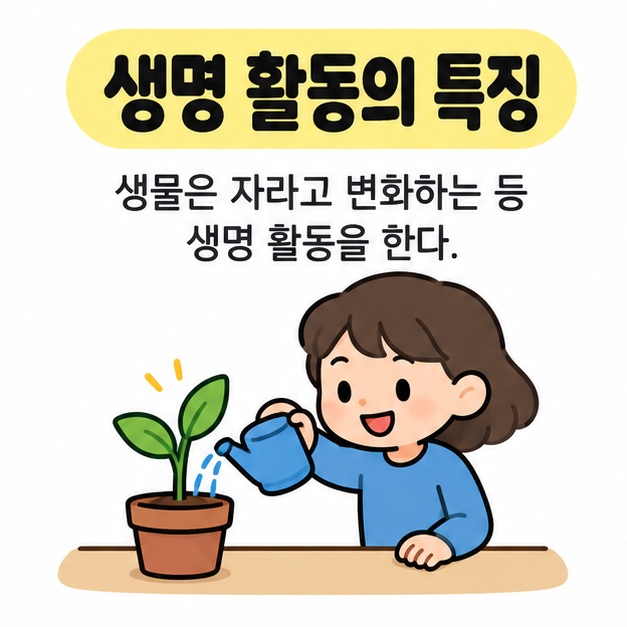 생명 활동의 특징이라는 제목 아래 어린이가 화분의 어린 식물에 물을 주는 그림