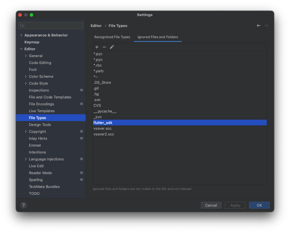 Android Studio &gt; Settings... &gt; Editor &gt; File Types &gt; Ignored Files and Folders