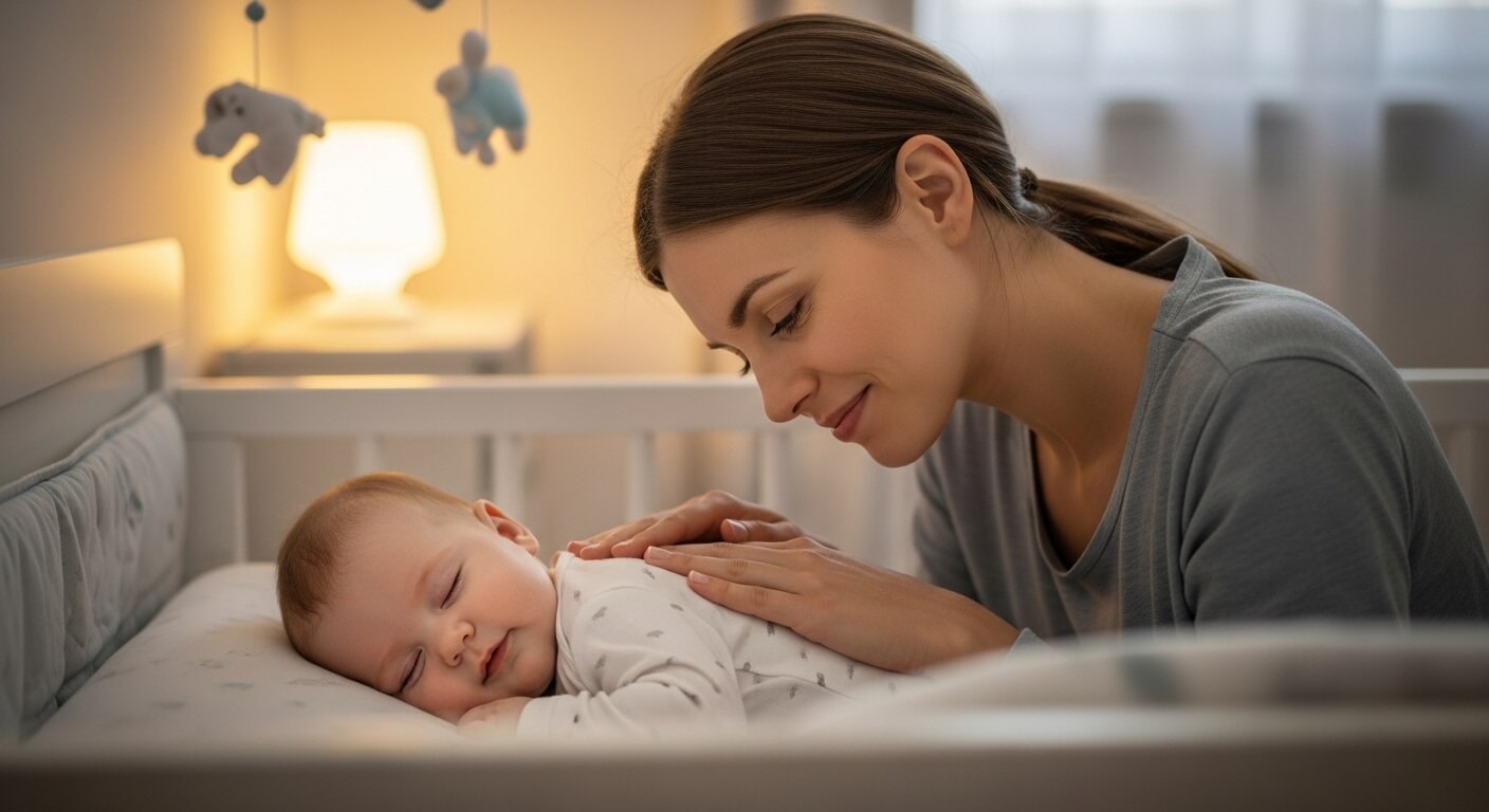 밤새 평화롭게 잠든 아기의 침대 옆에서 엄마가 부드럽게 쓰다듬는 모습. 엄마의 표정에는 안도감과 사랑이 가득합니다.