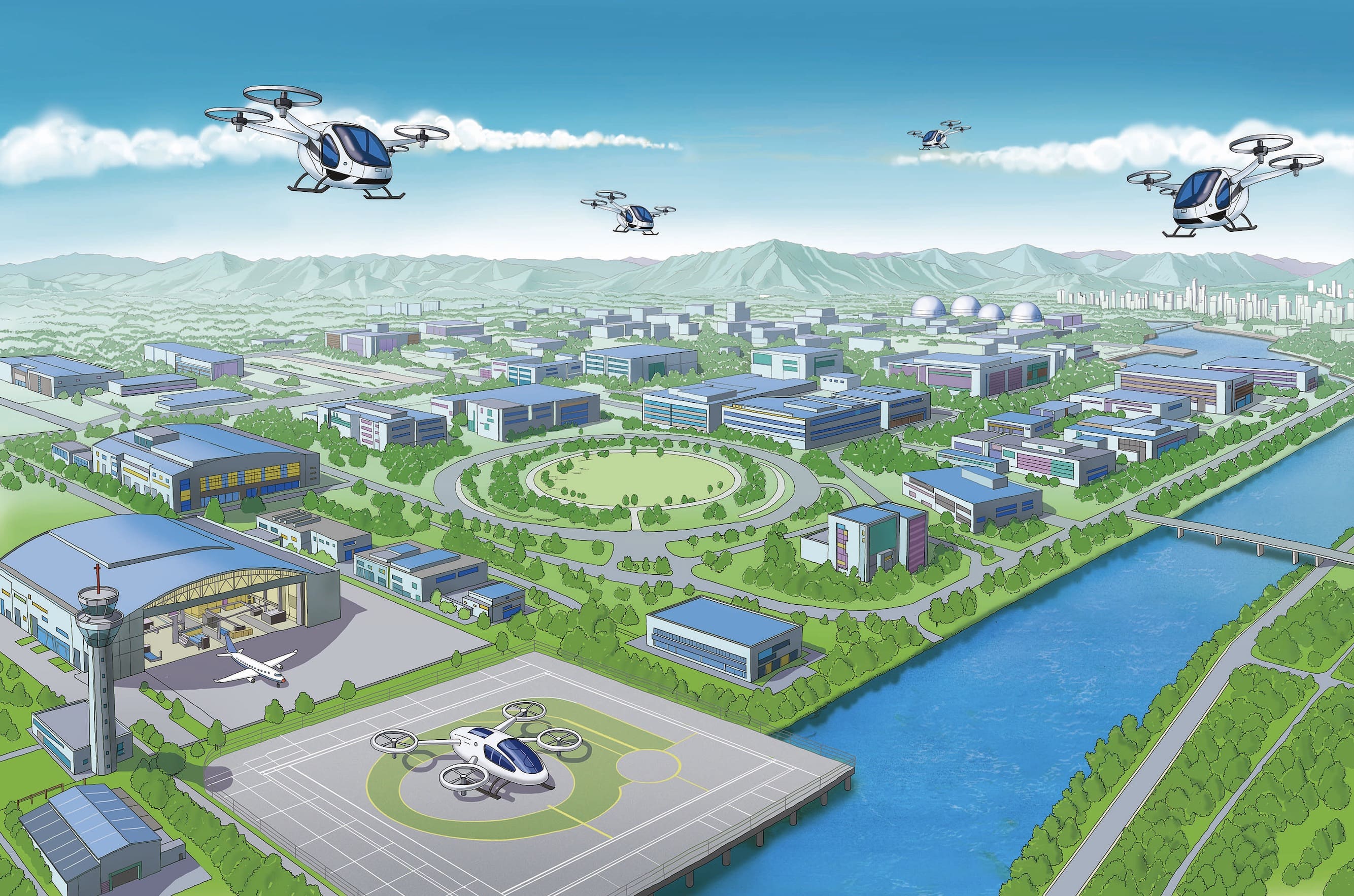 ▲ 더그린맵 작 ❘ 진주 우주항공 국가산단 상상 조감도 메인 완성본 &ndash; 대형 격납고와 남강변 연구단지 묘사