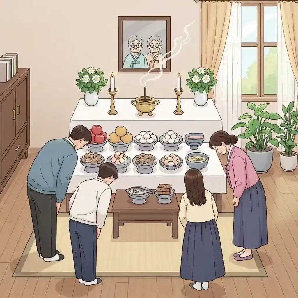 제사상 앞에서 절하는 가족