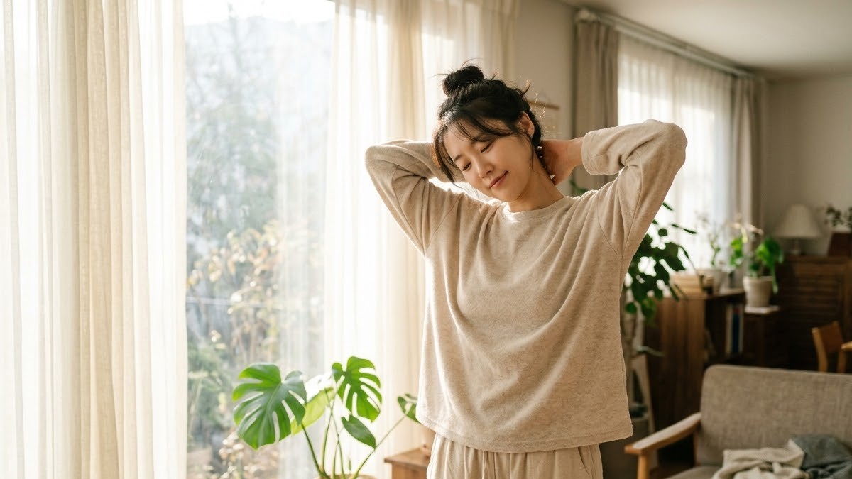 거실 창가에서 천천히 목 스트레칭을 하는 여성