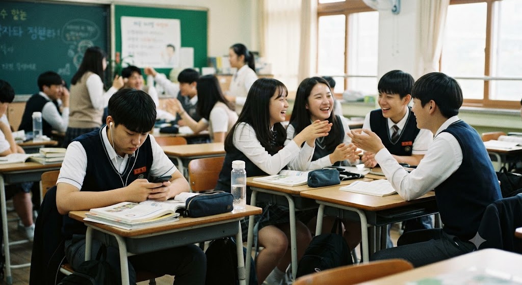홀로 스마트폰 과사용하면서 친구들과 어울리지 못하는 모습