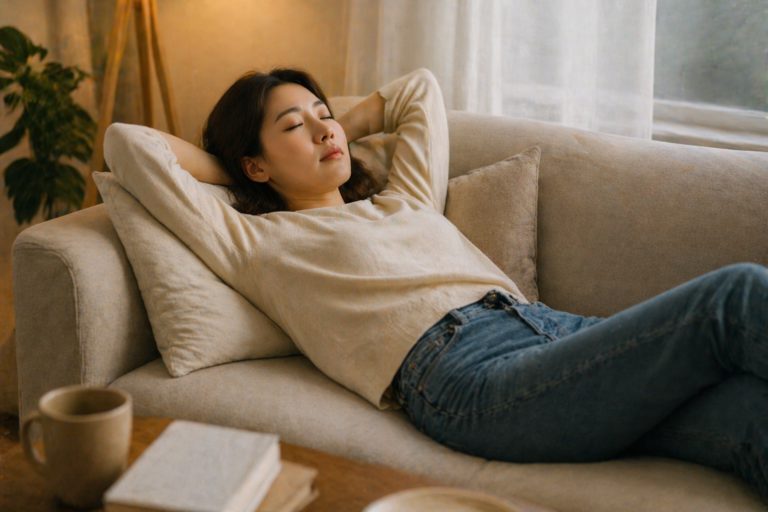 식사 후 소파에 기대어 휴식하는 여성 모습, 잘못된 식사 후 습관을 보여주는 장면