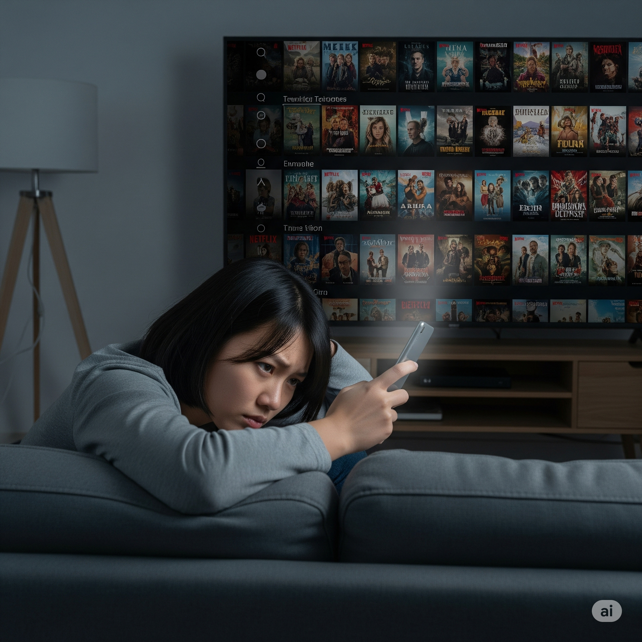 온라인 스트리밍 서비스에서 볼 영화나 드라마를 고르다가 결국 아무것도 보지 못하고 고민만 하며 쇼파에 앉아 있는 여자