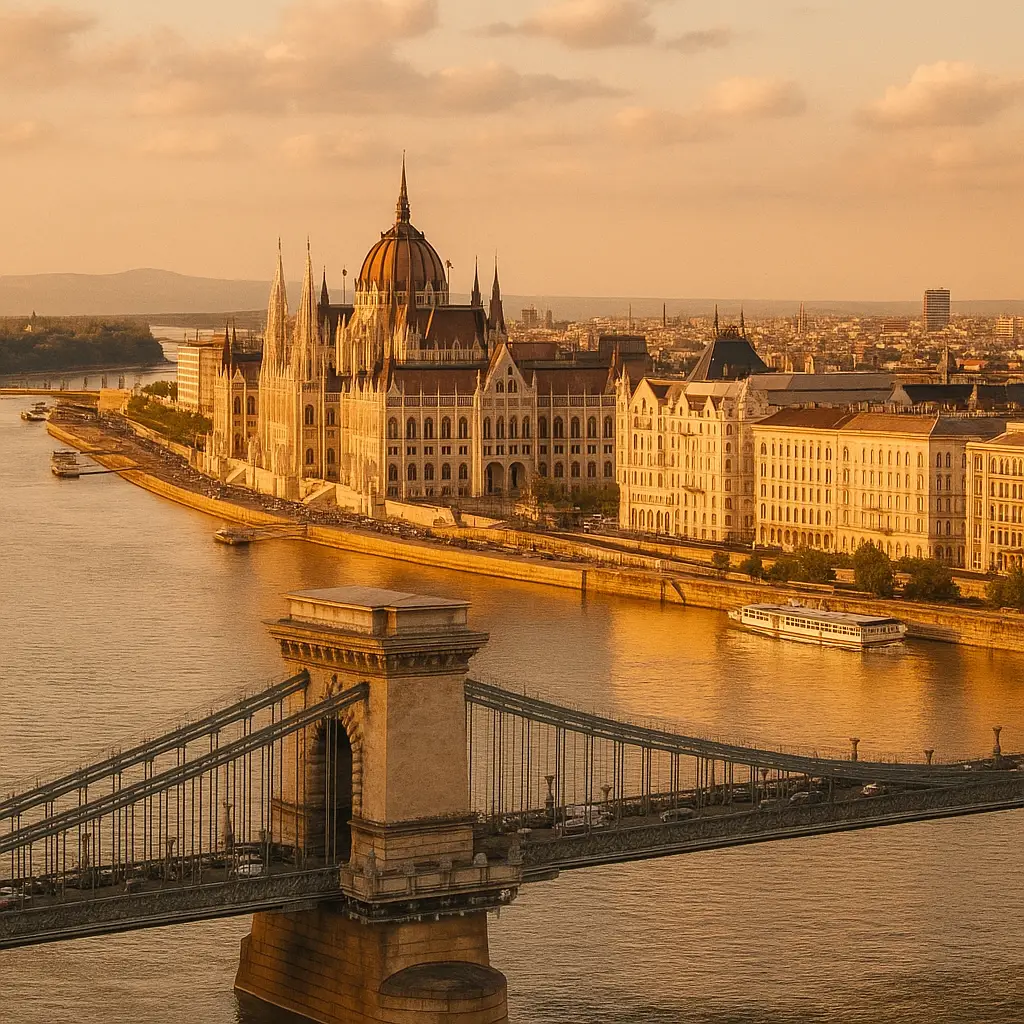 부다페스트 세체니 다리와 국회의사당이 보이는 석양의 실사 사진