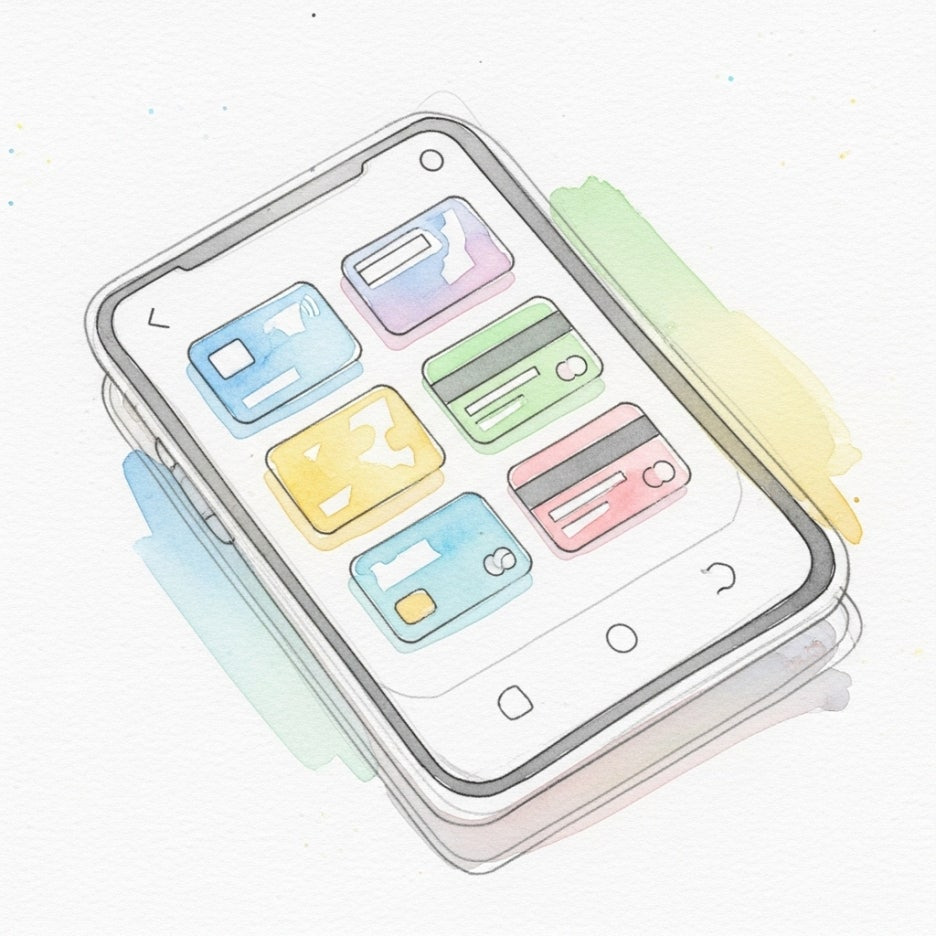 여러 종류의 카드가 담긴 디지털 지갑의 부드러운 수채화
