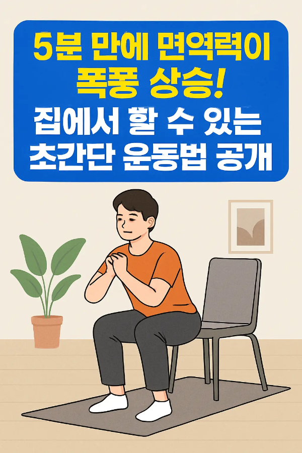 의자 앞에서 간단한 스쿼트를 하는 남성 일러스트와 초간단 운동법 문구가 포함된 정보형 그래픽 이미지