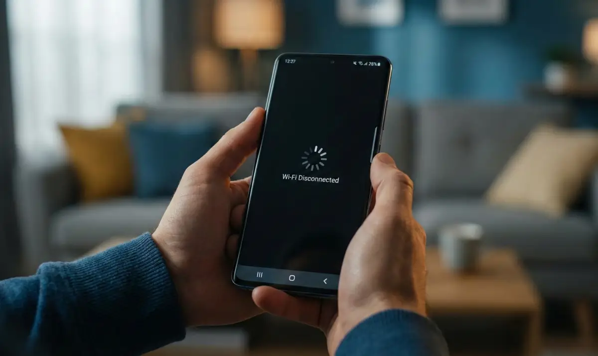 갤럭시 스마트폰을 들고 와이파이 연결 끊김 현상으로 인해 답답해하는 사용자의 손 클로즈업