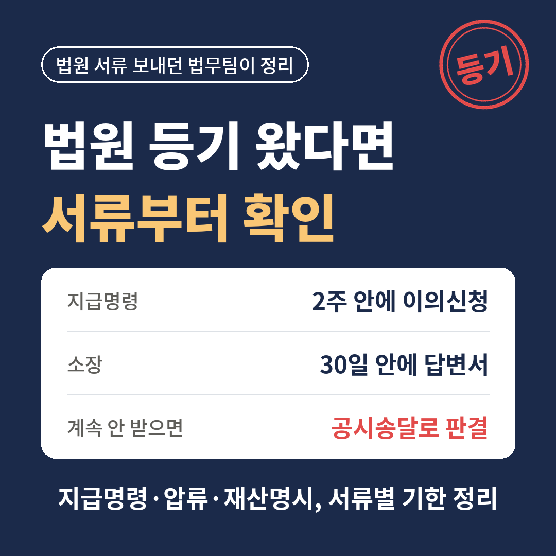 법원 등기 우편 서류별 기한 정리 - 지급명령 2주 내 이의신청, 소장 30일 내 답변서, 계속 반송되면 공시송달로 판결