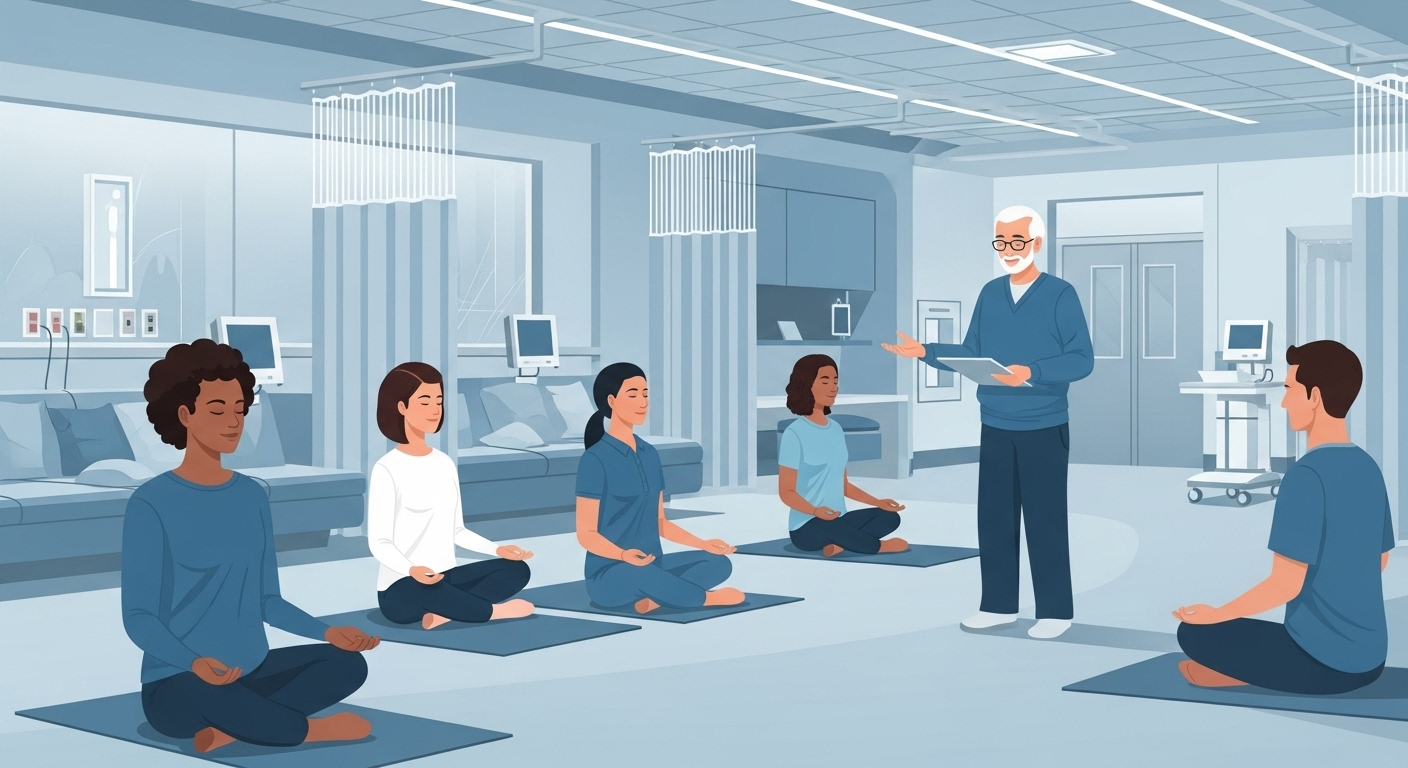 존 카밧진이 이끄는 MBSR 명상 세션, 현대 의학에 적용된 마음챙김을 상징함.